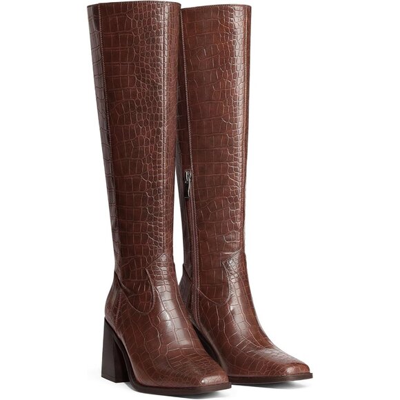 Women Brown Pu Polyurethane Knee High Square Toe Side Zipper Block Heel Boot - Picture 5 of 9